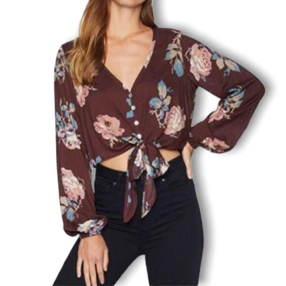 SHOW ME YOUR MUMU TATUM CHOCOLATE AND ROSES DRAPE FLORAL WOMENS TIE TOP SIZE S - Picture 13 of 13